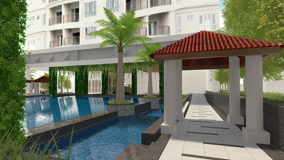 A covered walkway alongside a pool, with a pavilion and planted columns.