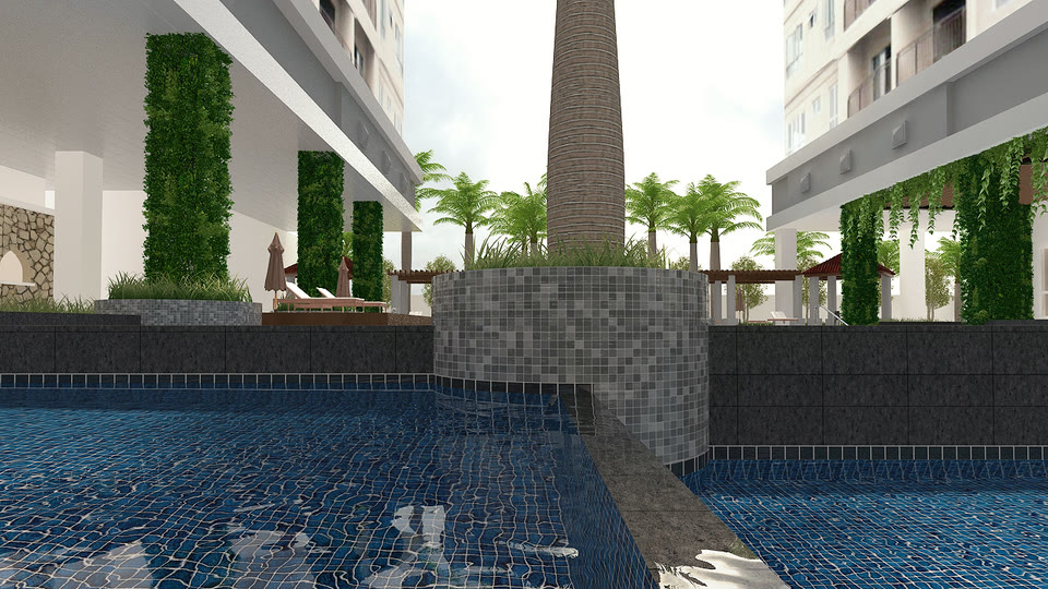 A pool-level view of palms, planting and adjoining terraces.